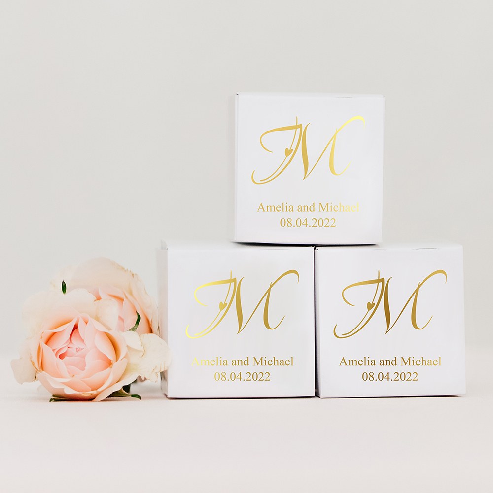 MINI CUSTOM FOIL PRINTED SQUARE PAPER FAVOR BOXES - CLASSIC FILIGREE MONOGRAM - AyaZay Wedding Shoppe