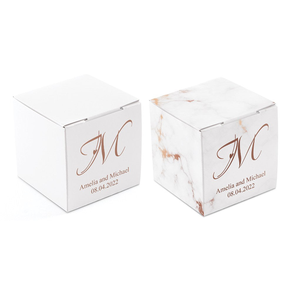 MINI CUSTOM FOIL PRINTED SQUARE PAPER FAVOR BOXES - CLASSIC FILIGREE MONOGRAM - AyaZay Wedding Shoppe
