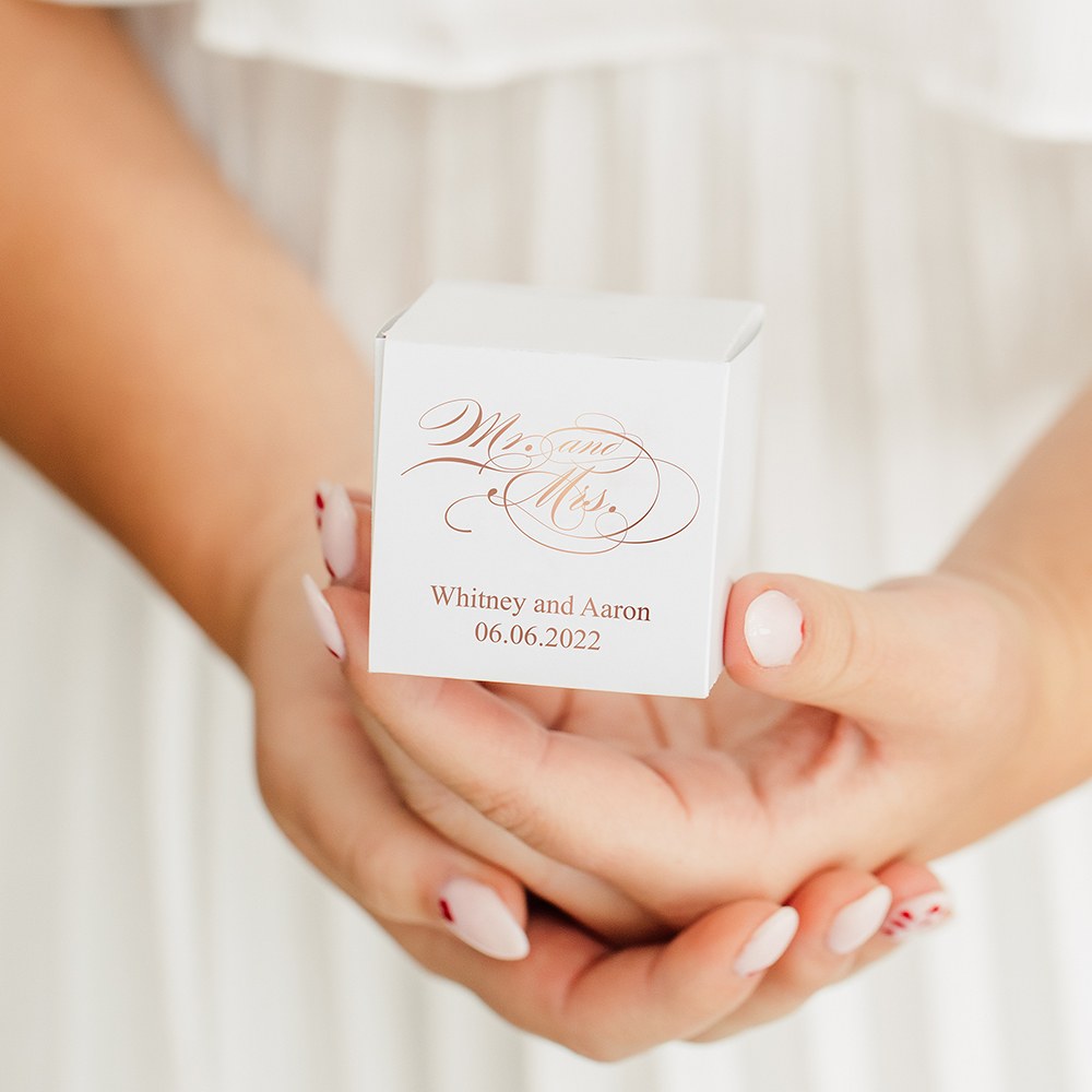 MINI CUSTOM FOIL PRINTED SQUARE PAPER FAVOR BOXES -MR. & MRS. SCRIPT - AyaZay Wedding Shoppe