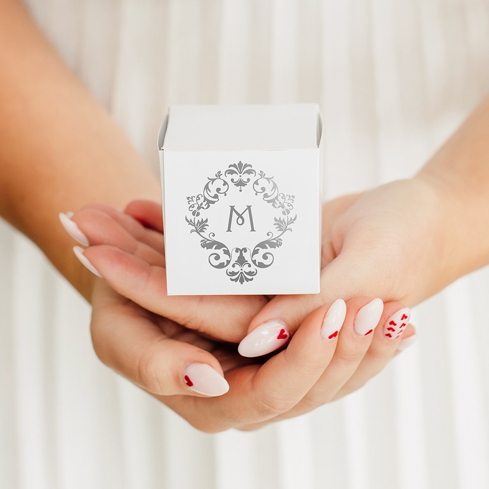 MINI CUSTOM FOIL PRINTED SQUARE PAPER FAVOR BOXES - CLASSIC FILIGREE MONOGRAM - AyaZay Wedding Shoppe