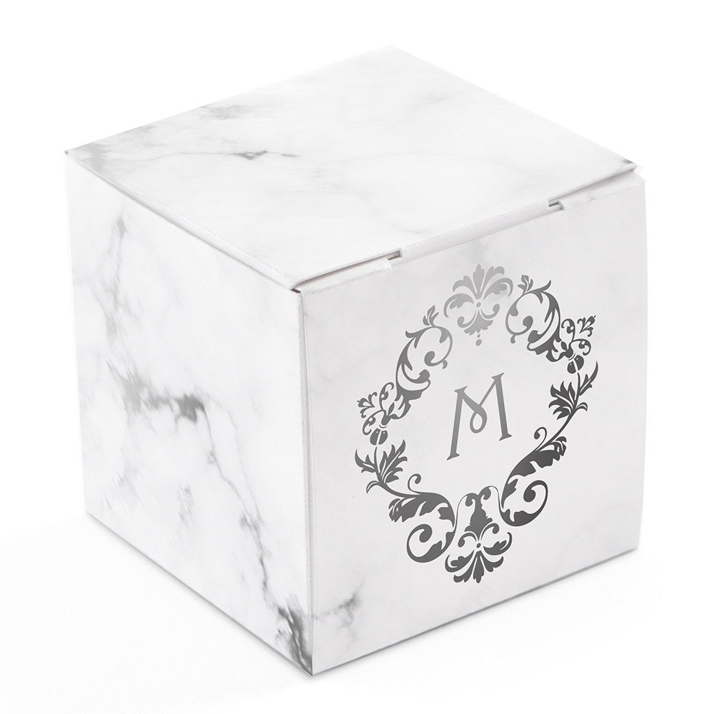 MINI CUSTOM FOIL PRINTED SQUARE PAPER FAVOR BOXES - CLASSIC FILIGREE MONOGRAM - AyaZay Wedding Shoppe