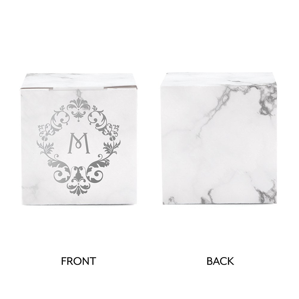 MINI CUSTOM FOIL PRINTED SQUARE PAPER FAVOR BOXES - CLASSIC FILIGREE MONOGRAM - AyaZay Wedding Shoppe