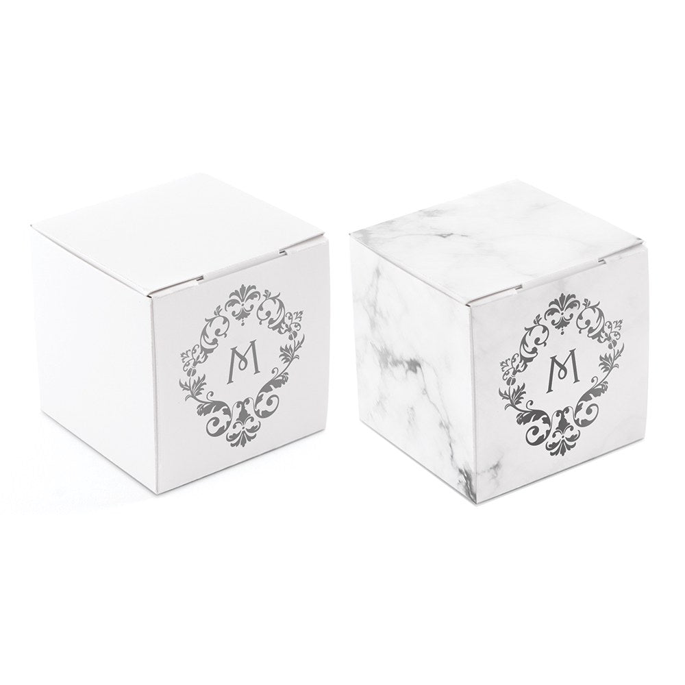 MINI CUSTOM FOIL PRINTED SQUARE PAPER FAVOR BOXES - CLASSIC FILIGREE MONOGRAM - AyaZay Wedding Shoppe