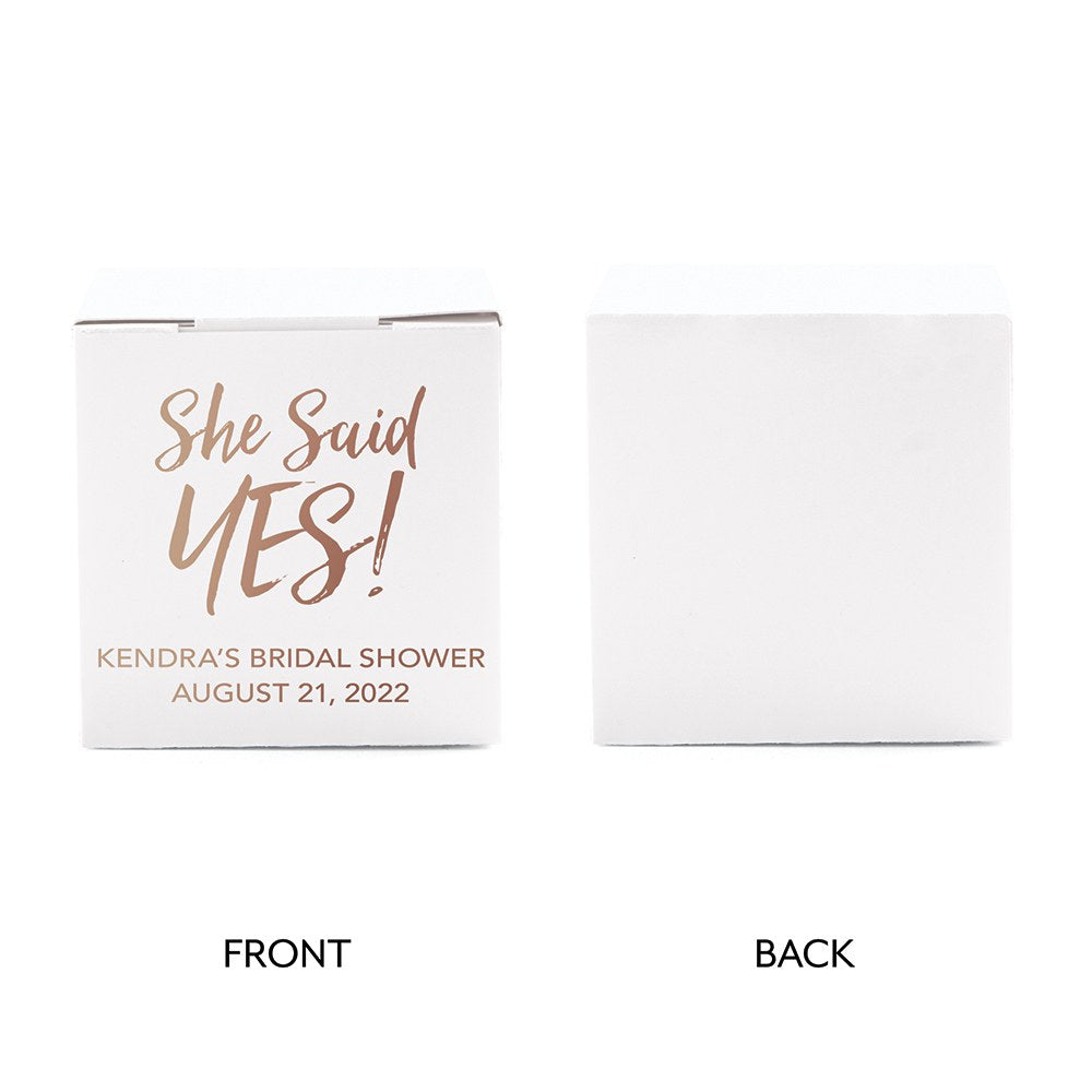 MINI CUSTOM FOIL PRINTED SQUARE PAPER FAVOR BOXES - She said YES!