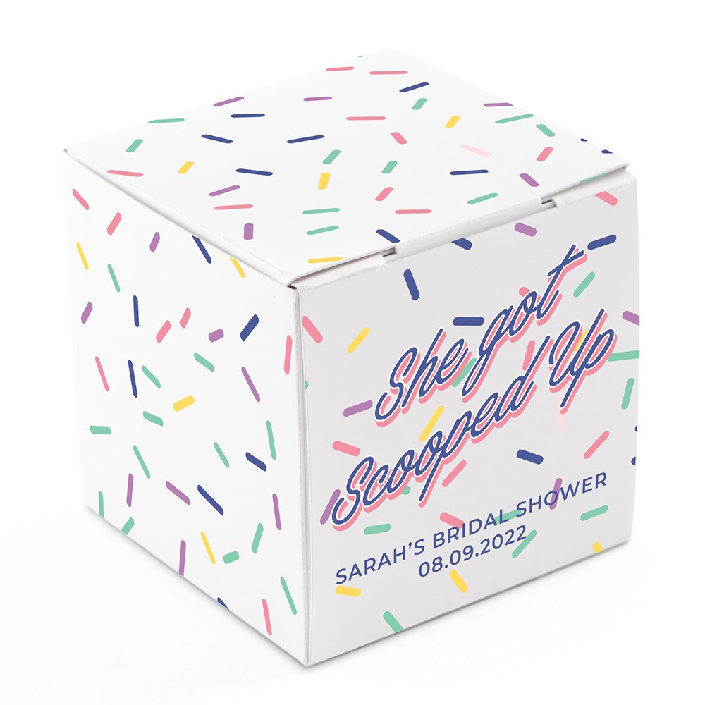 MINI CUSTOM PRINTED SQUARE PAPER FAVOR BOXES - SHE GOT SCOOPED UP - AyaZay Wedding Shoppe