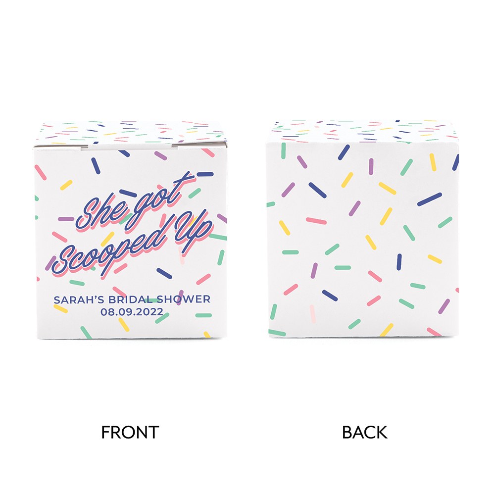 MINI CUSTOM PRINTED SQUARE PAPER FAVOR BOXES - SHE GOT SCOOPED UP - AyaZay Wedding Shoppe