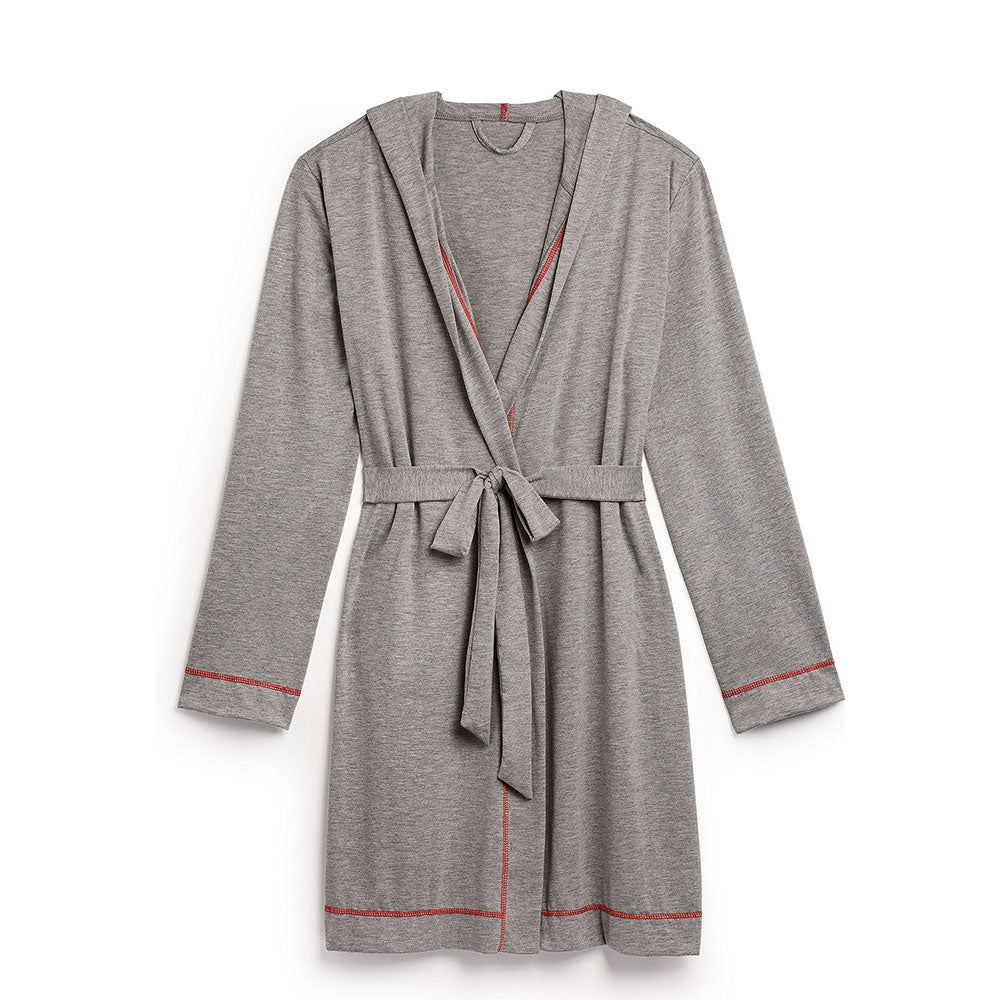 LADIES GREY WITH RED STITCHING HOODED SPA & BATH ROBE - LARGE/XLARGE - AyaZay Wedding Shoppe