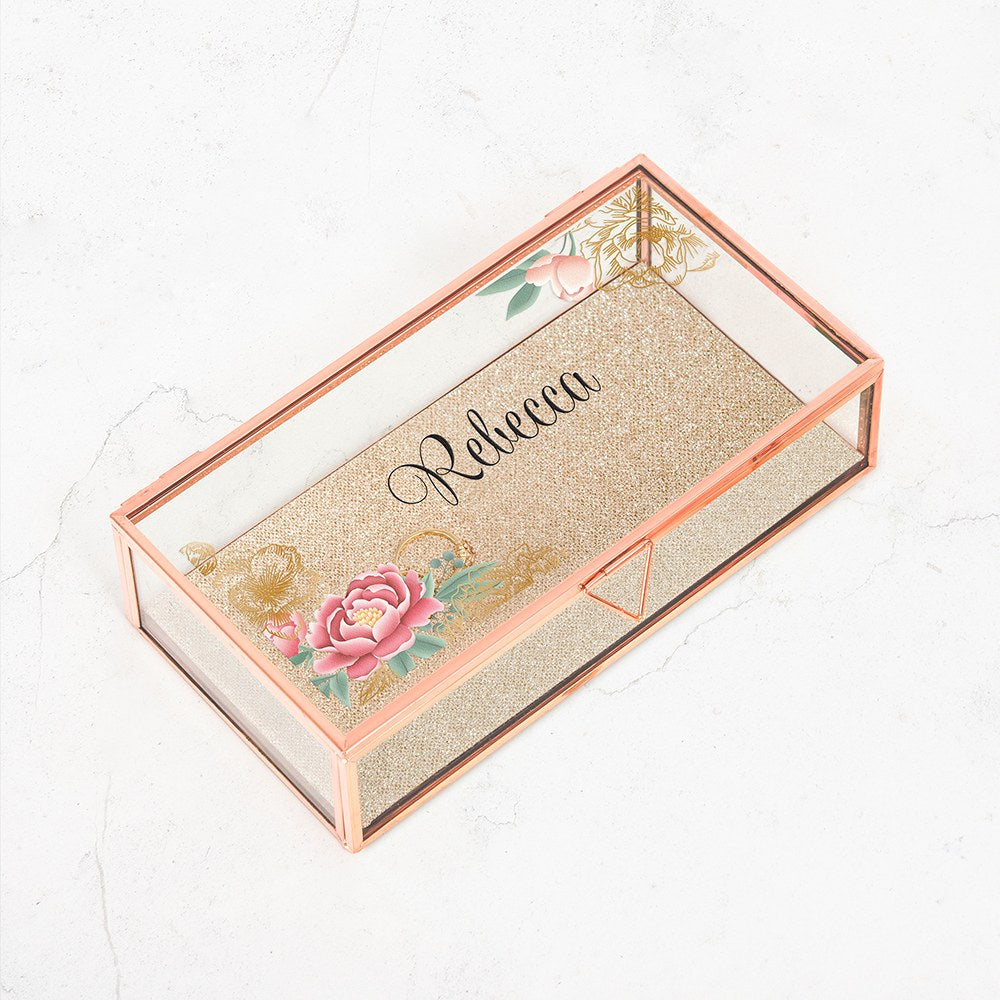 LARGE PERSONALIZED RECTANGLE GLASS JEWELRY BOX - MODERN FLORAL PRINT