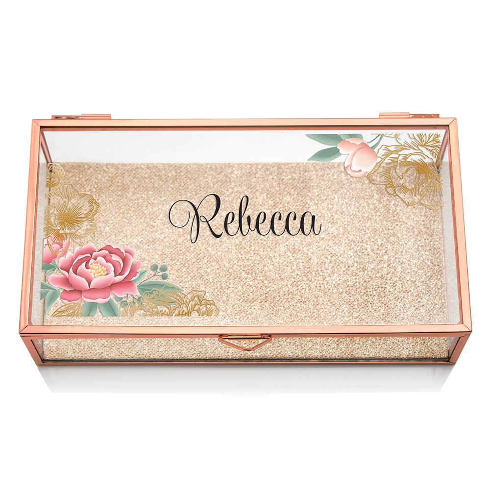 LARGE PERSONALIZED RECTANGLE GLASS JEWELRY BOX - MODERN FLORAL PRINT
