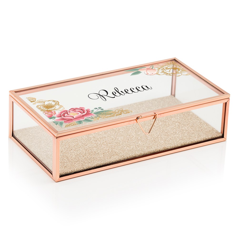 LARGE PERSONALIZED RECTANGLE GLASS JEWELRY BOX - MODERN FLORAL PRINT
