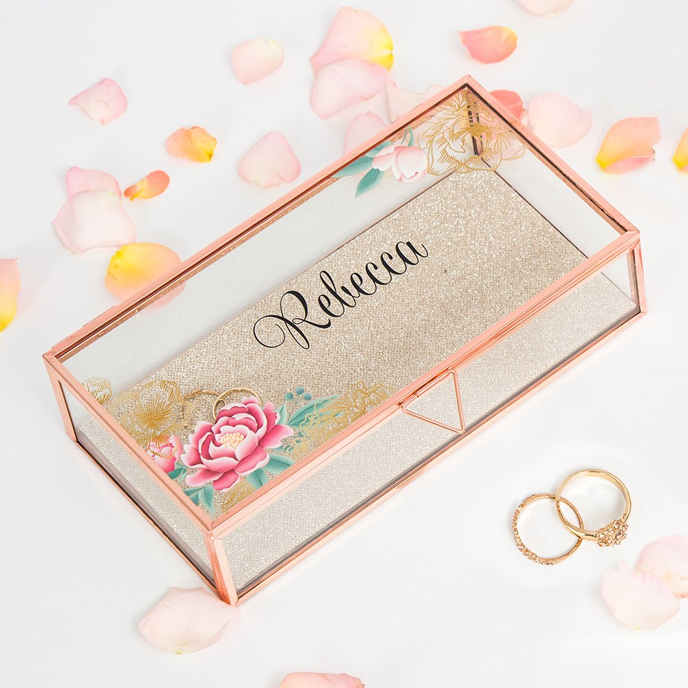 LARGE PERSONALIZED RECTANGLE GLASS JEWELRY BOX - MODERN FLORAL PRINT