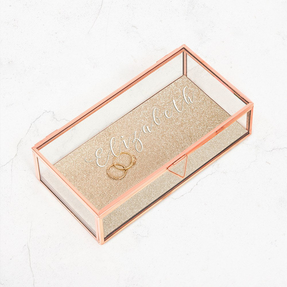 LARGE PERSONALIZED RECTANGLE GLASS JEWELRY BOX - ELEGANT CALLIGRAPHY PRINT - AyaZay Wedding Shoppe