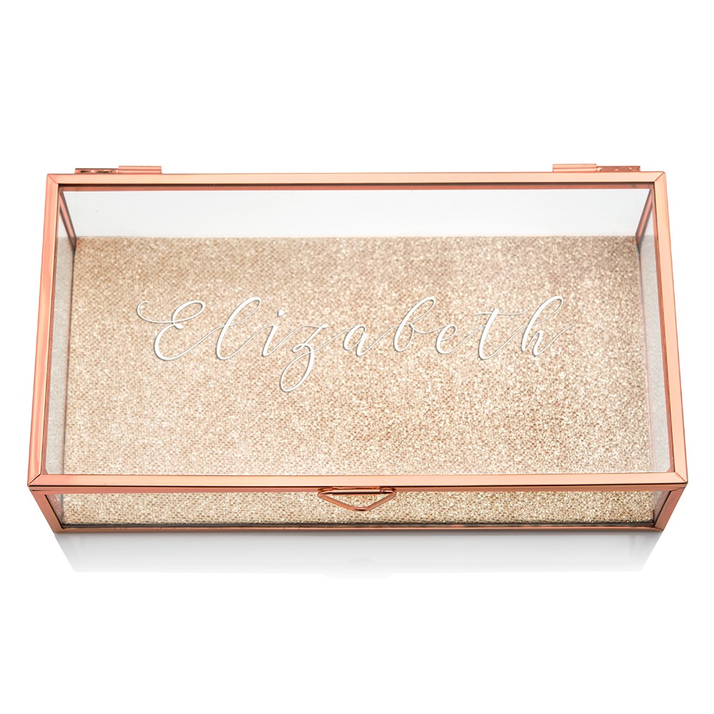 LARGE PERSONALIZED RECTANGLE GLASS JEWELRY BOX - ELEGANT CALLIGRAPHY PRINT - AyaZay Wedding Shoppe