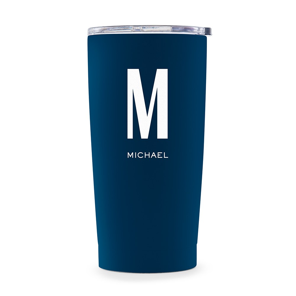 PERSONALIZED STAINLESS STEEL INSULATED NAVY BLUE TRAVEL MUG - SANS SERIF MONOGRAM PRINT - AyaZay Wedding Shoppe