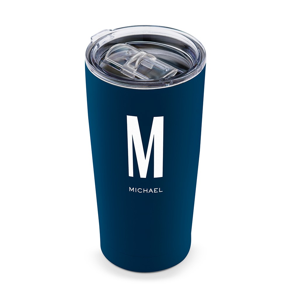 PERSONALIZED STAINLESS STEEL INSULATED NAVY BLUE TRAVEL MUG - SANS SERIF MONOGRAM PRINT - AyaZay Wedding Shoppe
