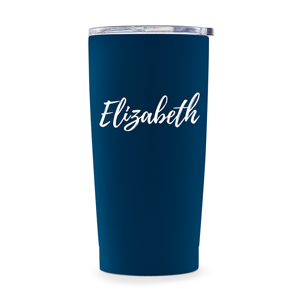 PERSONALIZED STAINLESS STEEL NAVY BLUE INSULATED TRAVEL MUG - CALLIGRAPHY PRINT