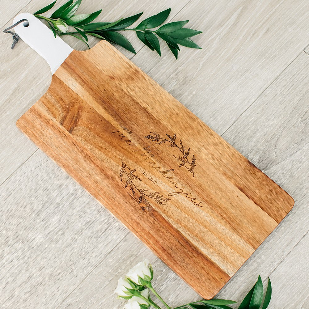 PERSONALIZED WOODEN CUTTING & SERVING BOARD WITH WHITE HANDLE - SIGNATURE SCRIPT - AyaZay Wedding Shoppe