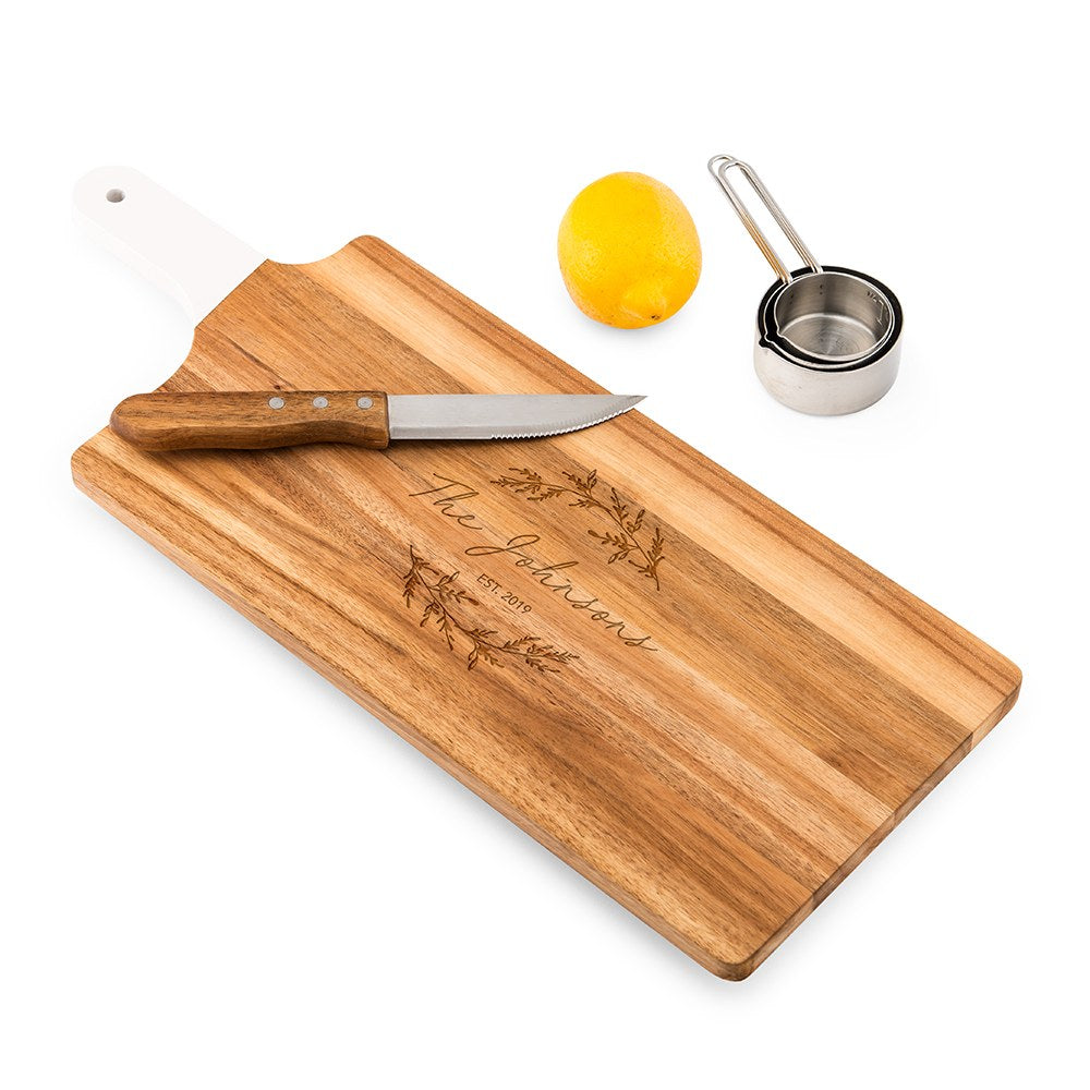 PERSONALIZED WOODEN CUTTING & SERVING BOARD WITH WHITE HANDLE - SIGNATURE SCRIPT - AyaZay Wedding Shoppe