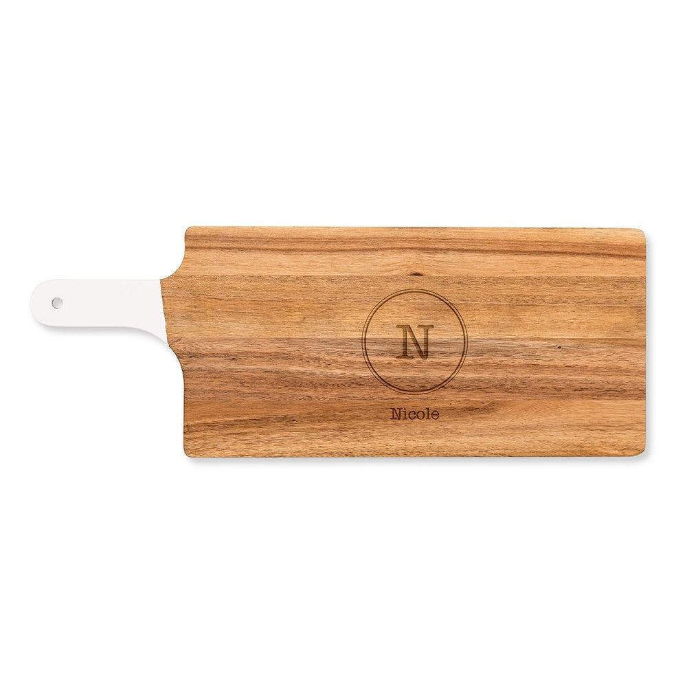 PERSONALIZED WOODEN CUTTING & SERVING BOARD WITH WHITE HANDLE - CIRCLE MONOGRAM - AyaZay Wedding Shoppe