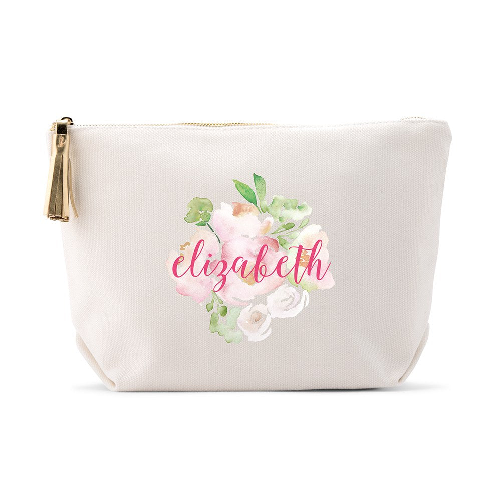 LARGE PERSONALIZED CANVAS MAKEUP & TOILETRY BAG FOR WOMEN - FLORAL GARDEN - AyaZay Wedding Shoppe