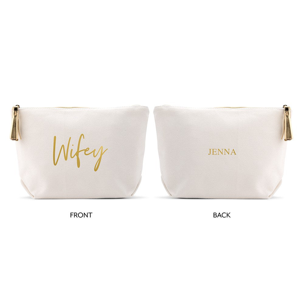 LARGE PERSONALIZED CANVAS MAKEUP & TOILETRY BAG FOR WOMEN - WIFEY SCRIPT