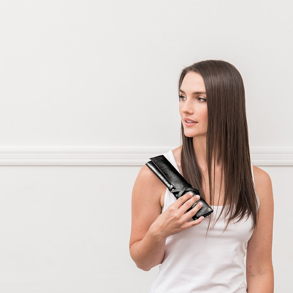 PERSONALIZED MAKEUP BRUSH SET & TRAVEL POUCH - BLACK & ROSE GOLD