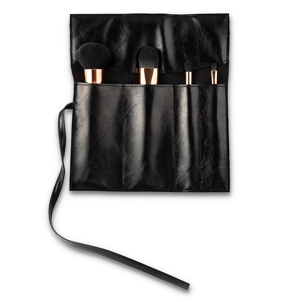 PERSONALIZED MAKEUP BRUSH SET & TRAVEL POUCH - BLACK & ROSE GOLD