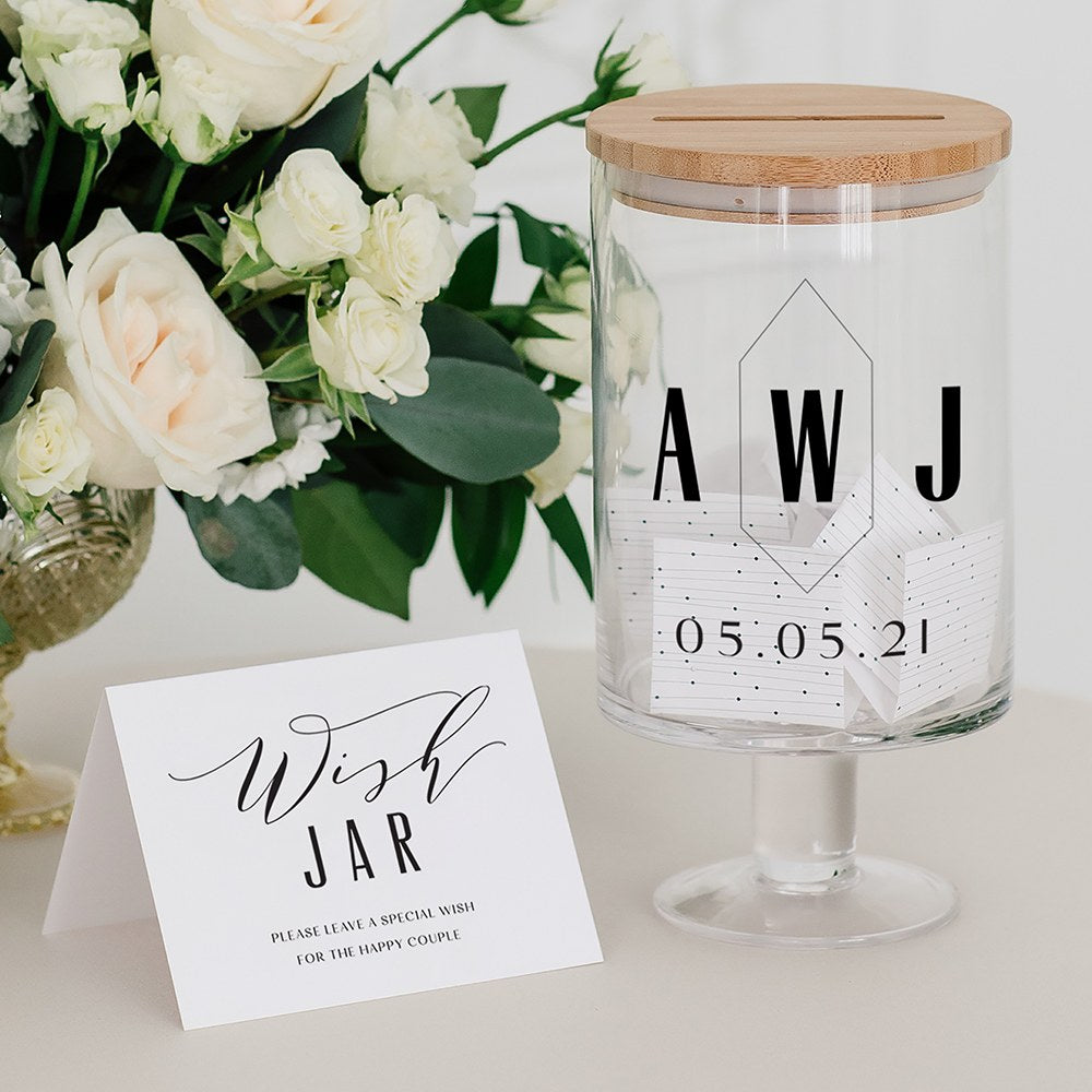 PERSONALIZED GLASS WEDDING WISHES GUESTBOOK JAR - GEO MONOGRAM