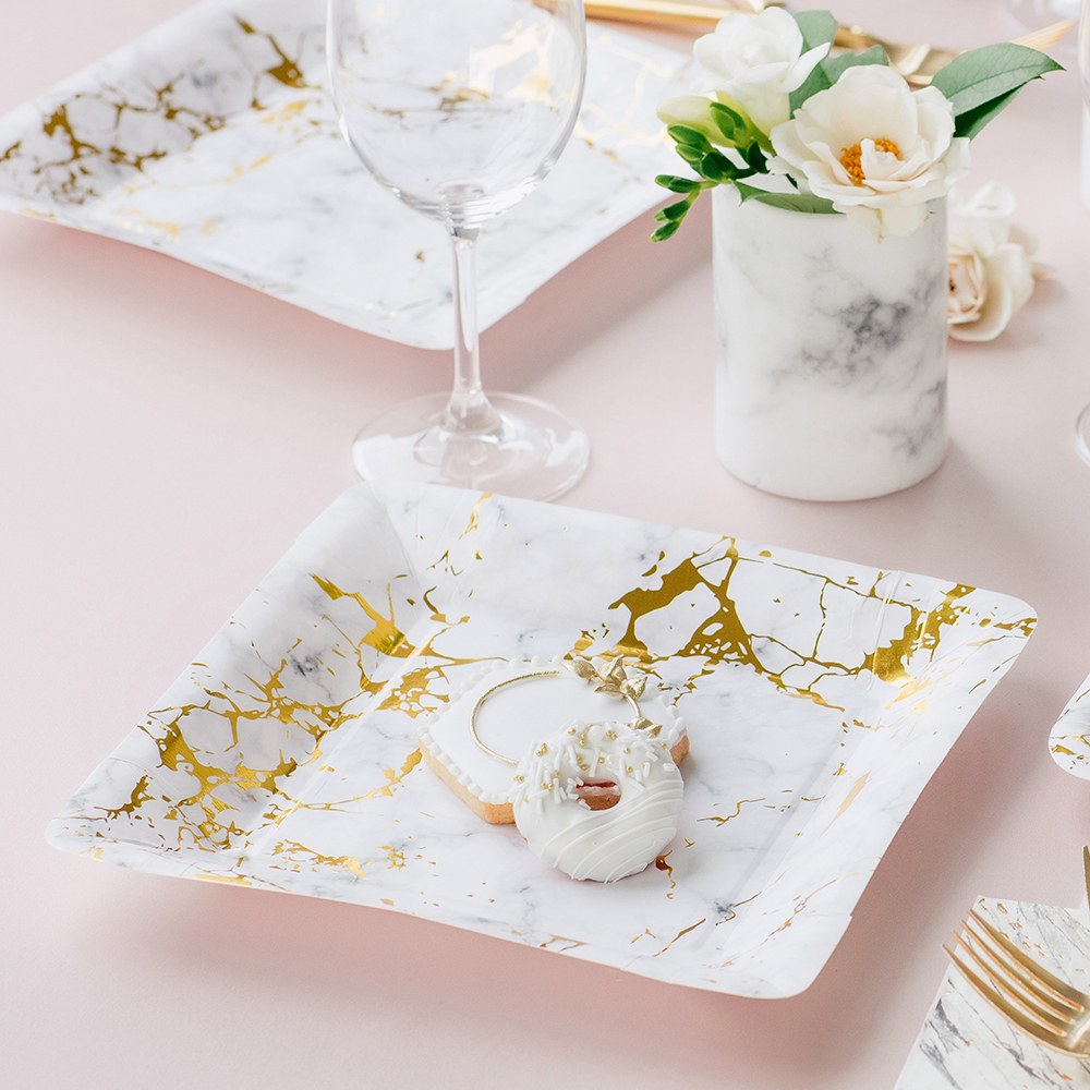 LARGE SQUARE DISPOSABLE PAPER PARTY PLATES - GEO MARBLE (8/pkg) - AyaZay Wedding Shoppe