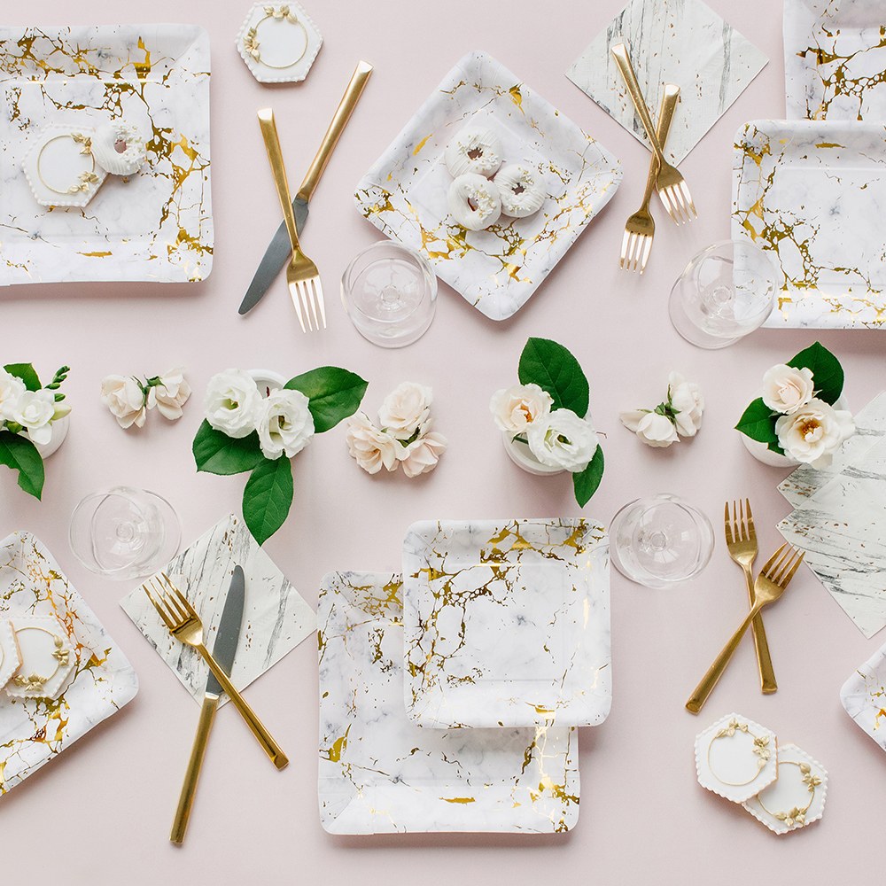 LARGE SQUARE DISPOSABLE PAPER PARTY PLATES - GEO MARBLE (8/pkg) - AyaZay Wedding Shoppe