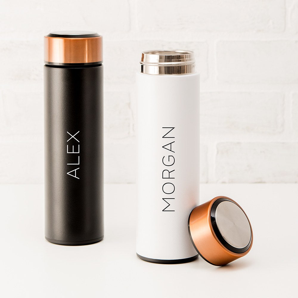 PERSONALIZED STAINLESS STEEL CYLINDER TRAVEL BOTTLE - CONTEMPORARY VERTICAL TEXT - AyaZay Wedding Shoppe