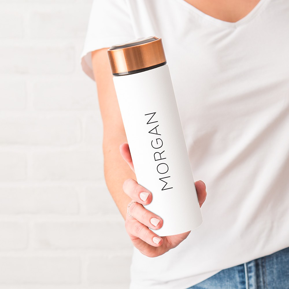 PERSONALIZED STAINLESS STEEL CYLINDER TRAVEL BOTTLE - CONTEMPORARY VERTICAL TEXT - AyaZay Wedding Shoppe