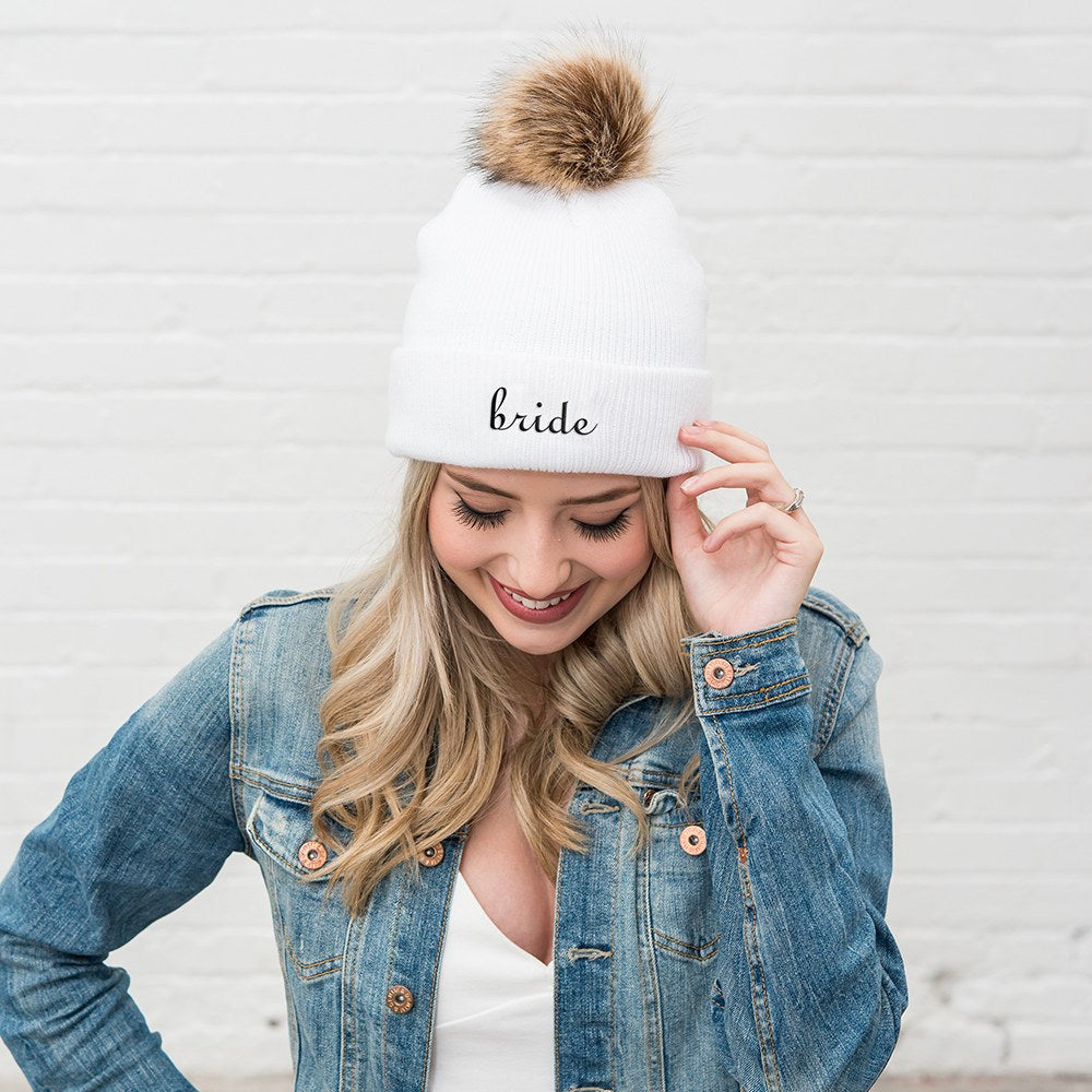 CUSTOM EMBROIDERED BACHELORETTE BEANIE WITH POM POM - AyaZay Wedding Shoppe