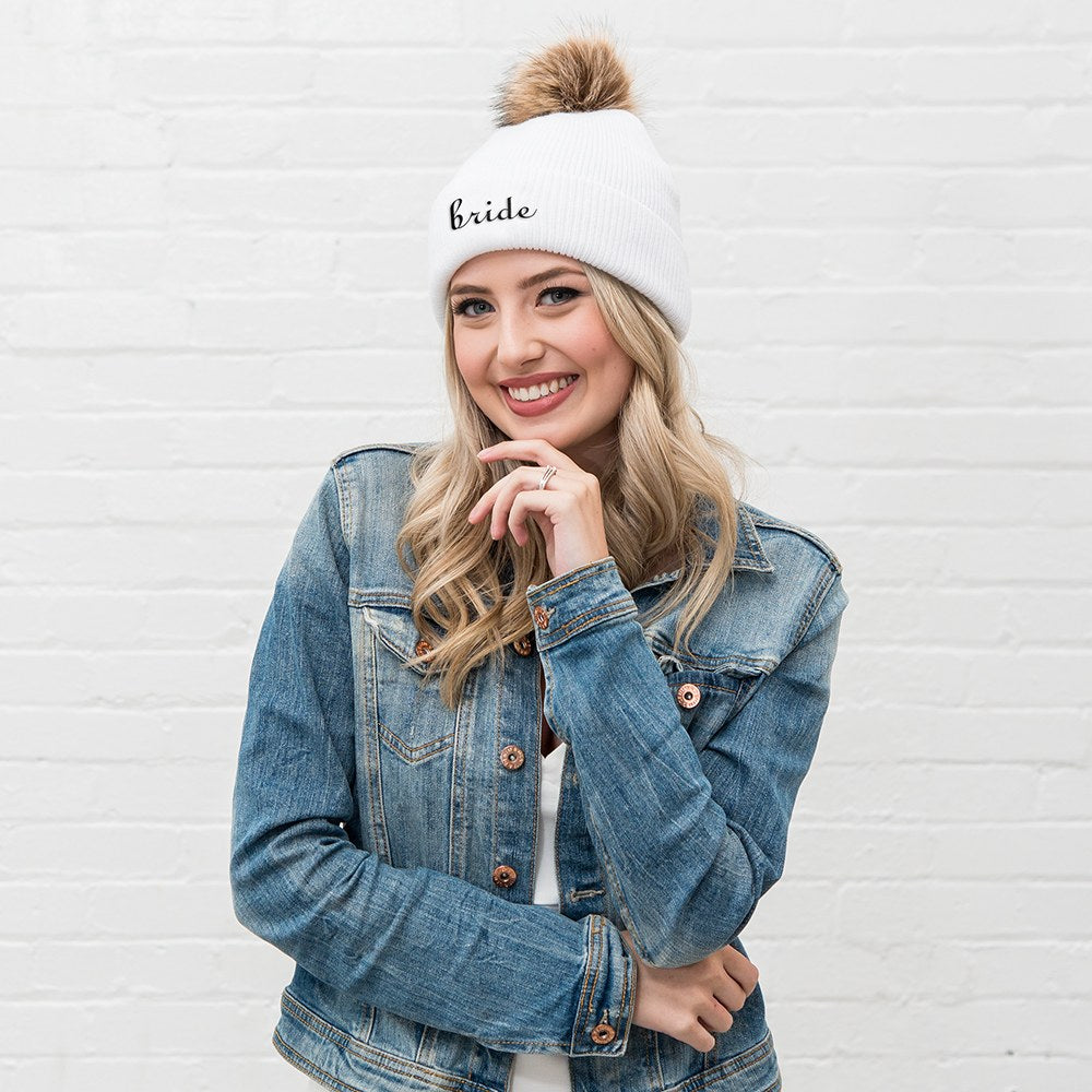 CUSTOM EMBROIDERED BACHELORETTE BEANIE WITH POM POM - AyaZay Wedding Shoppe