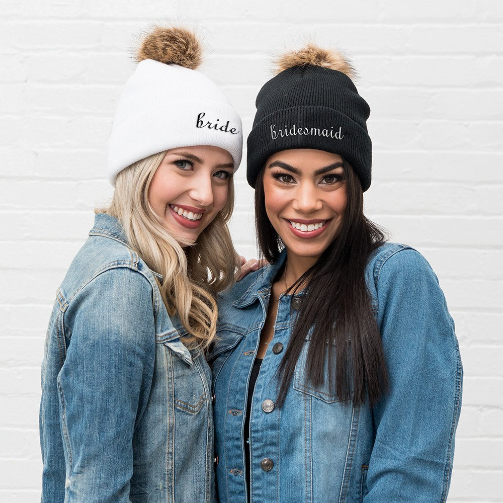 CUSTOM EMBROIDERED BACHELORETTE BEANIE WITH POM POM - AyaZay Wedding Shoppe