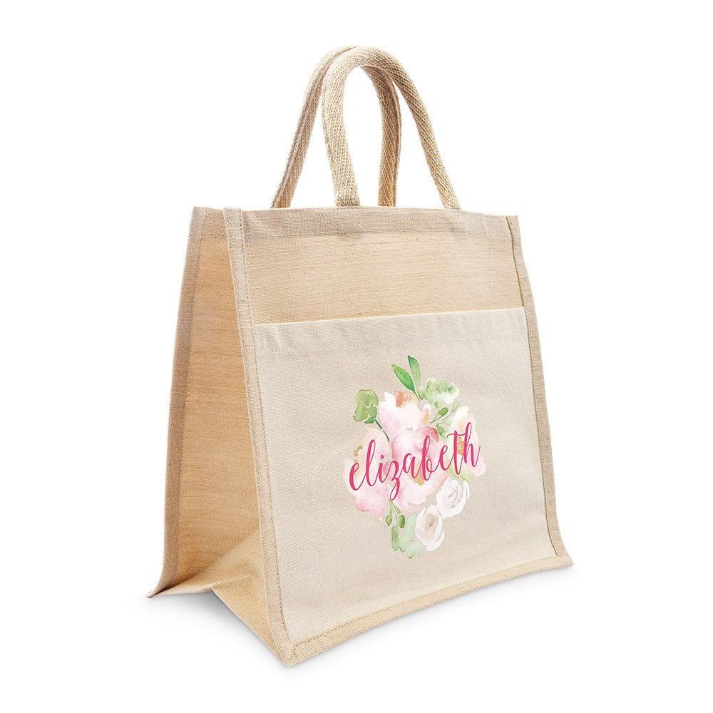 PERSONALIZED WOVEN JUTE MEDIUM TOTE BAG WITH POCKET - FLORAL GARDEN PARTY - AyaZay Wedding Shoppe