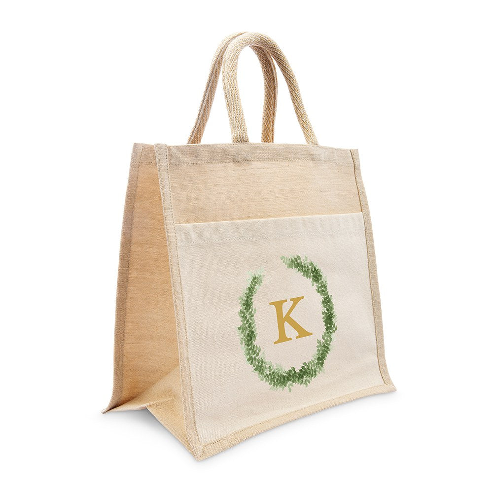 PERSONALIZED WOVEN JUTE MEDIUM TOTE BAG WITH POCKET - LOVE WREATH MONOGRAM - AyaZay Wedding Shoppe
