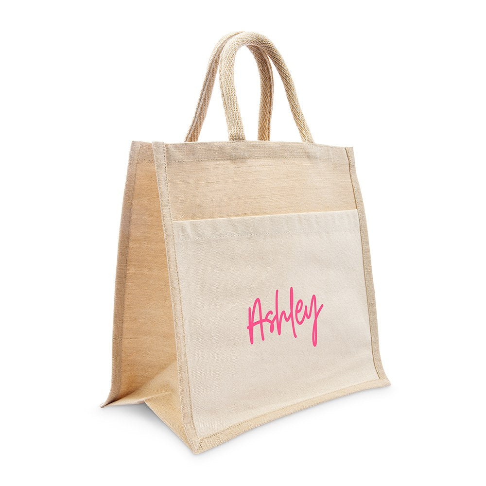 PERSONALIZED WOVEN JUTE MEDIUM TOTE BAG WITH POCKET - SCRIPT FONT - AyaZay Wedding Shoppe