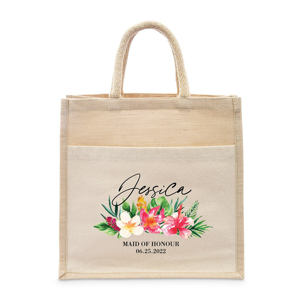 PERSONALIZED WOVEN JUTE MEDIUM TOTE BAG WITH POCKET - TROPICAL FLORAL