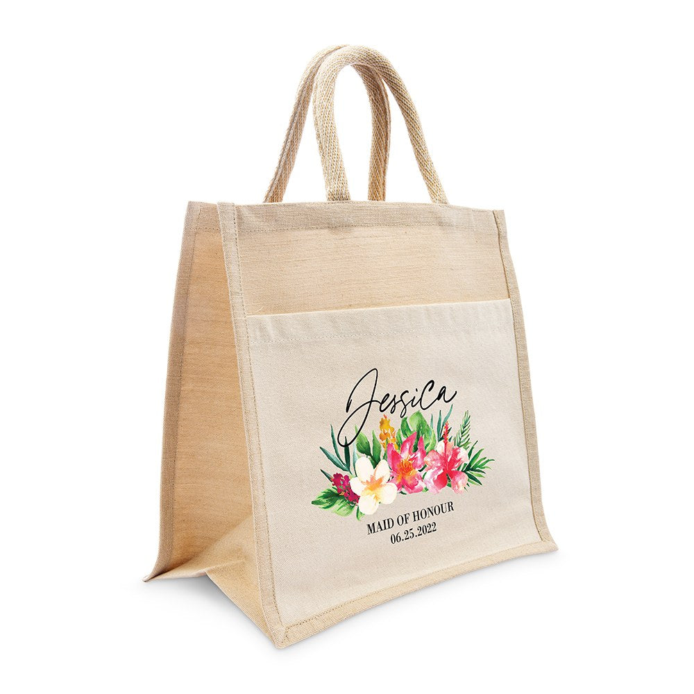 PERSONALIZED WOVEN JUTE MEDIUM TOTE BAG WITH POCKET - TROPICAL FLORAL