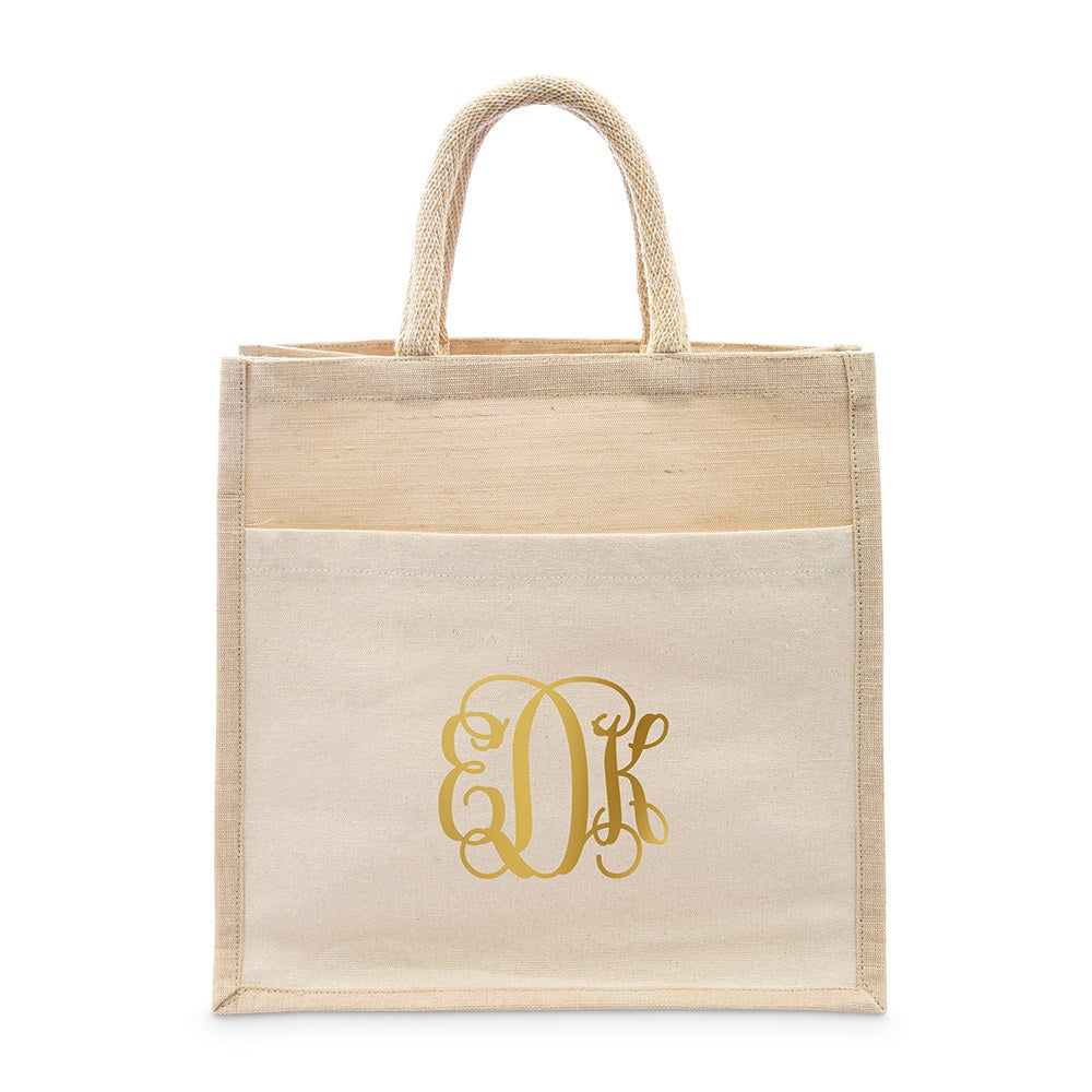 PERSONALIZED WOVEN JUTE MEDIUM TOTE BAG WITH POCKET - SCRIPT MONOGRAM - AyaZay Wedding Shoppe