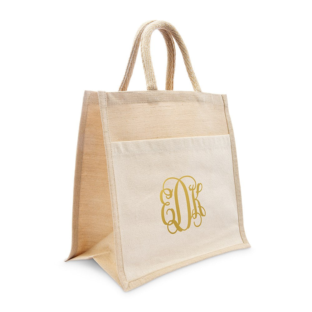 PERSONALIZED WOVEN JUTE MEDIUM TOTE BAG WITH POCKET - SCRIPT MONOGRAM - AyaZay Wedding Shoppe