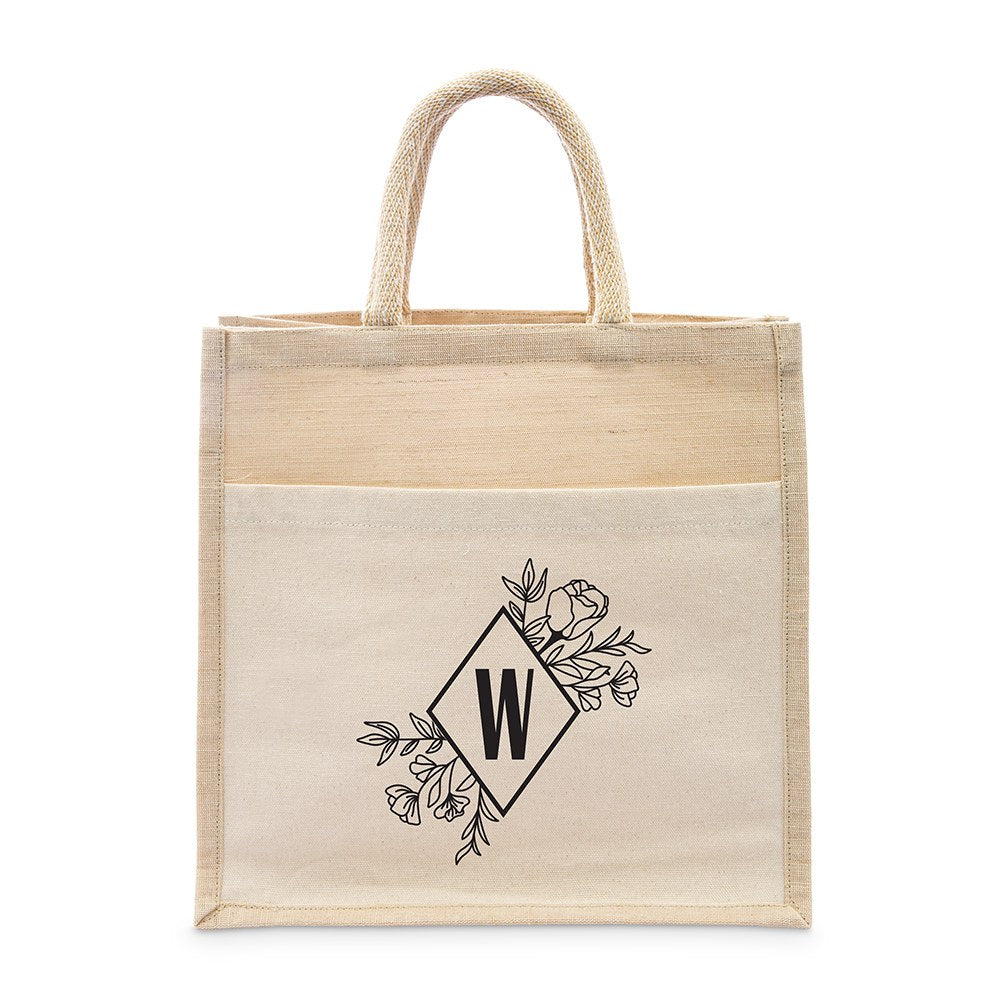 PERSONALIZED WOVEN JUTE MEDIUM TOTE BAG WITH POCKET - FLORAL MONOGRAM