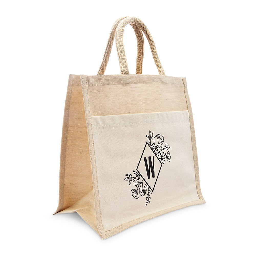 PERSONALIZED WOVEN JUTE MEDIUM TOTE BAG WITH POCKET - FLORAL MONOGRAM
