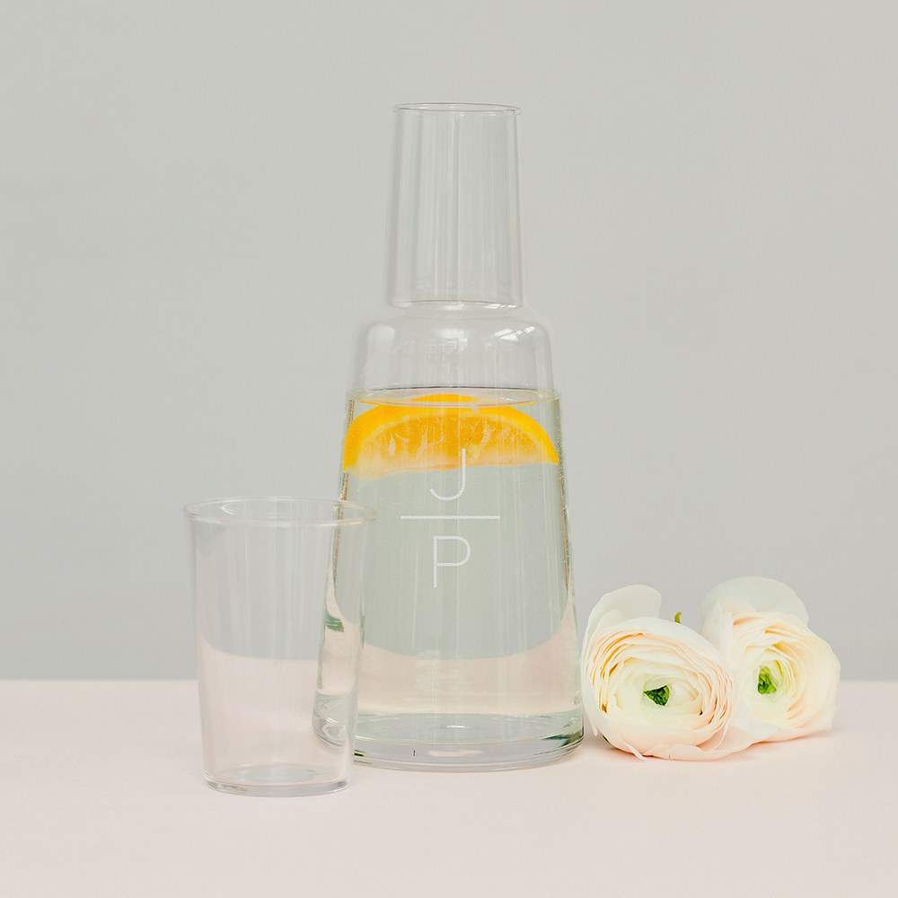 MONOGRAM ENGRAVED BEDSIDE WATER CARAFE AND GLASS SET - STACKED MONOGRAM