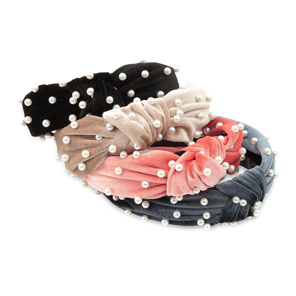 WIDE VELVET & PEARL KNOT HEADBAND - VARIOUS COLOURS