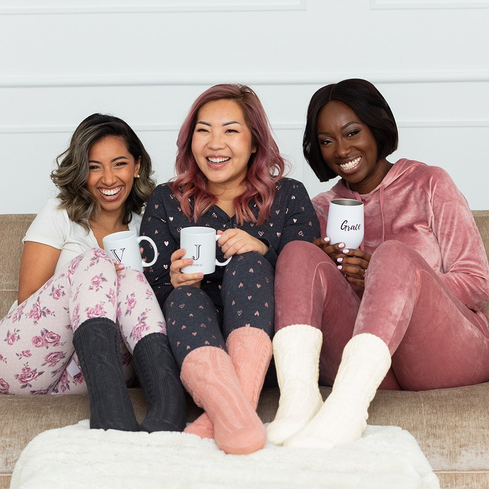 COZY SHERPA LINED CABLE KNIT SLIPPER SOCKS - CALLIGRAPHY WRAP