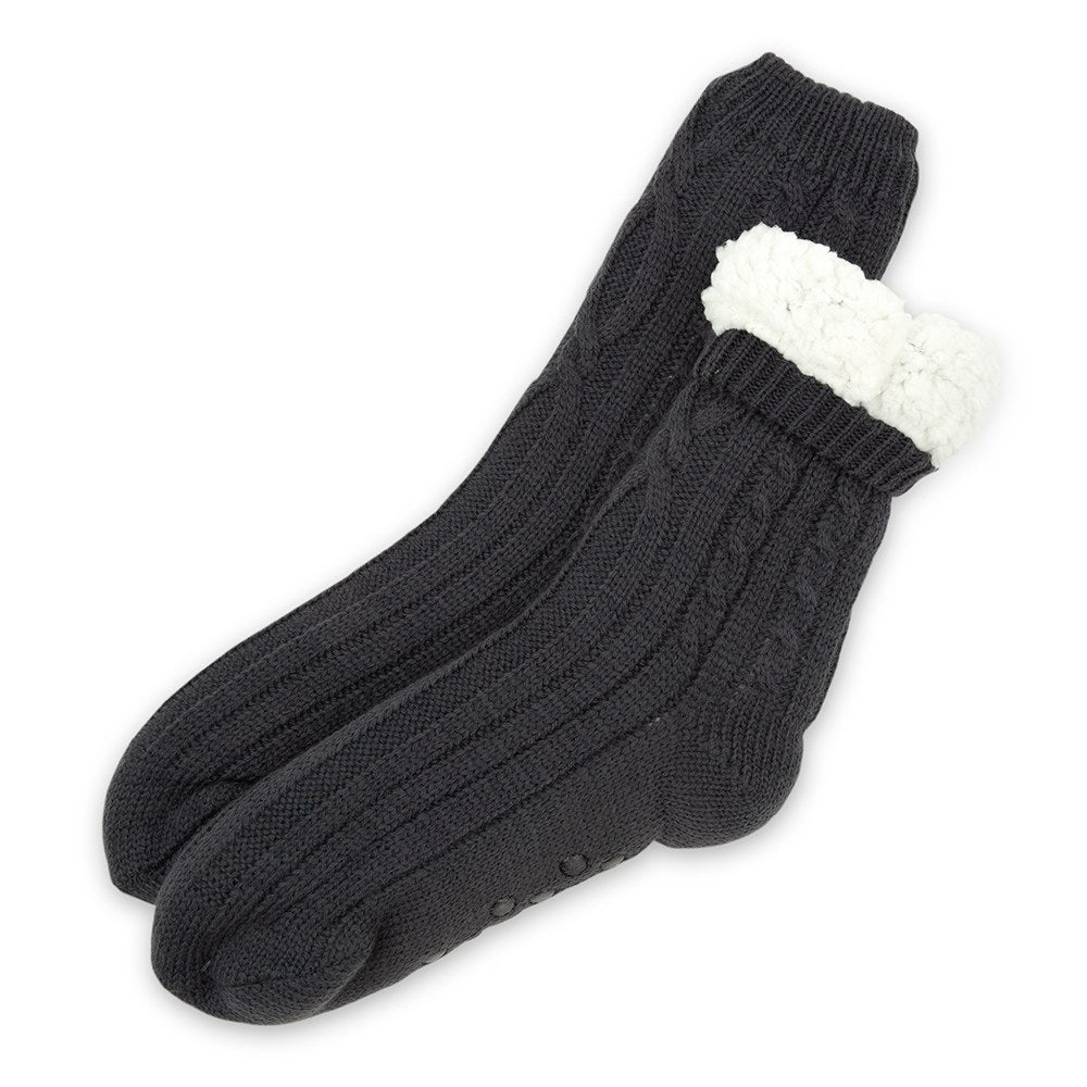 COZY SHERPA LINED CABLE KNIT SLIPPER SOCKS - CUSTOM TEXT WRAP