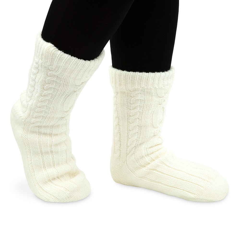 COZY SHERPA LINED CABLE KNIT SLIPPER SOCKS - CALLIGRAPHY WRAP