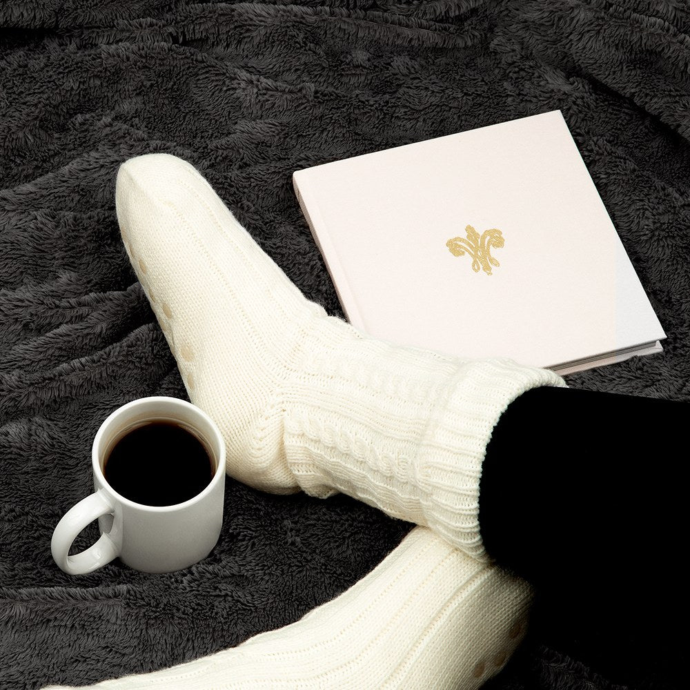 COZY SHERPA LINED CABLE KNIT SLIPPER SOCKS - CALLIGRAPHY WRAP